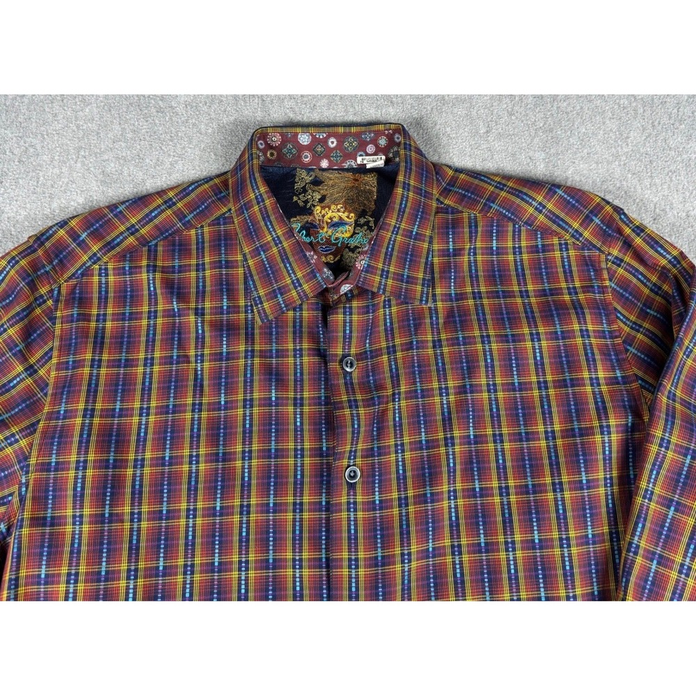 Robert‎ Graham Mens Large Flip Cuff Shirt Multi Color Check Embroidery